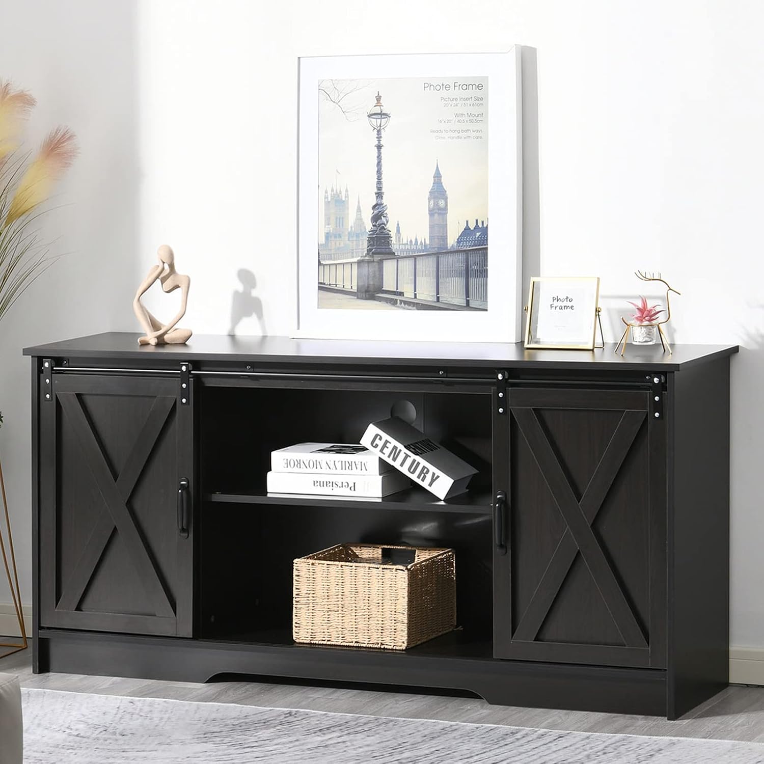 4 EVER WINNER 59' Farmhouse TV Stand, TV Entertainment Center with Sliding Barn Door & Adjustable Shelf for 65' TV, TV Stand for Living Room, Bedroom, Dark Brown