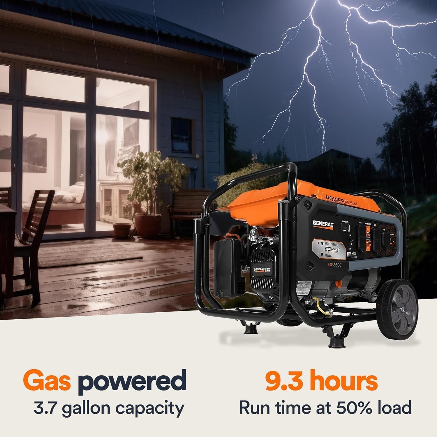 Generac 4,500 Starting Watt Portable Gas Generator, PowerRush Technology for 40% More Starting Capacity, COsense Carbon Monoxide Detection, Heavy Duty Steel Frame with Never-Flat Wheels, 49-State