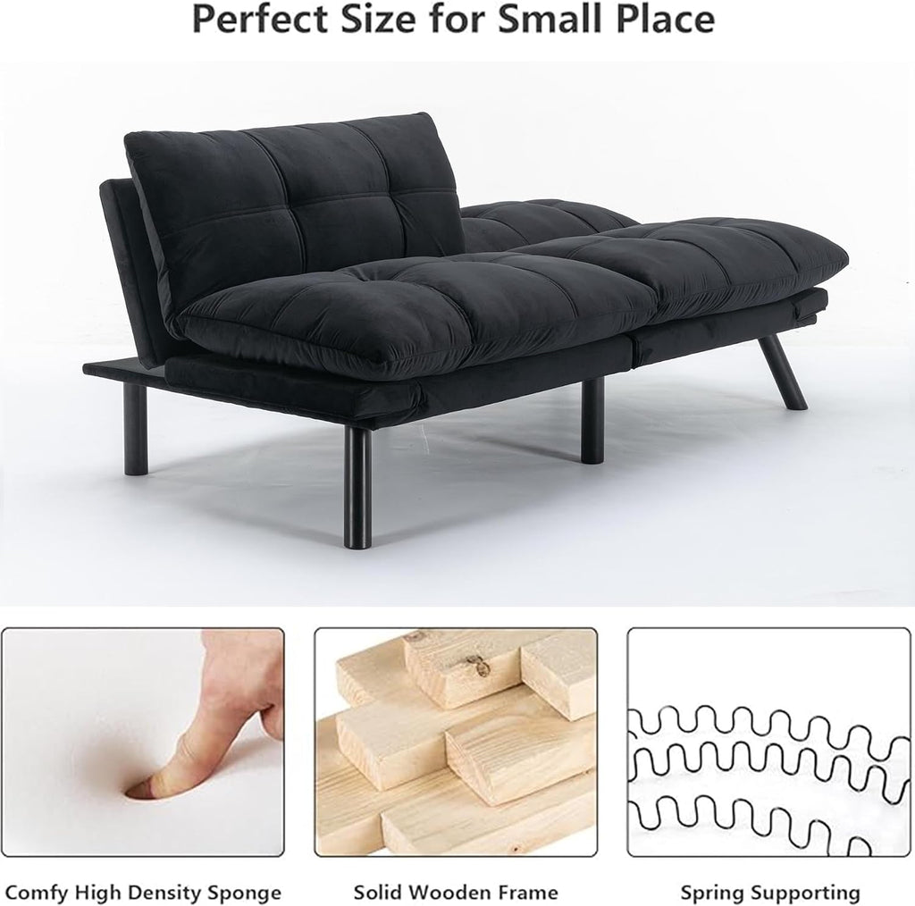 Anwick Velvet Convertible Futon Sofa Bed,71' Modern Comfy Loveseat Sleeper Sofa with Adjustable Backrest Armrest,Folding Futon Sleeper Recliner for Living Room,Office,Apartment (Black)
