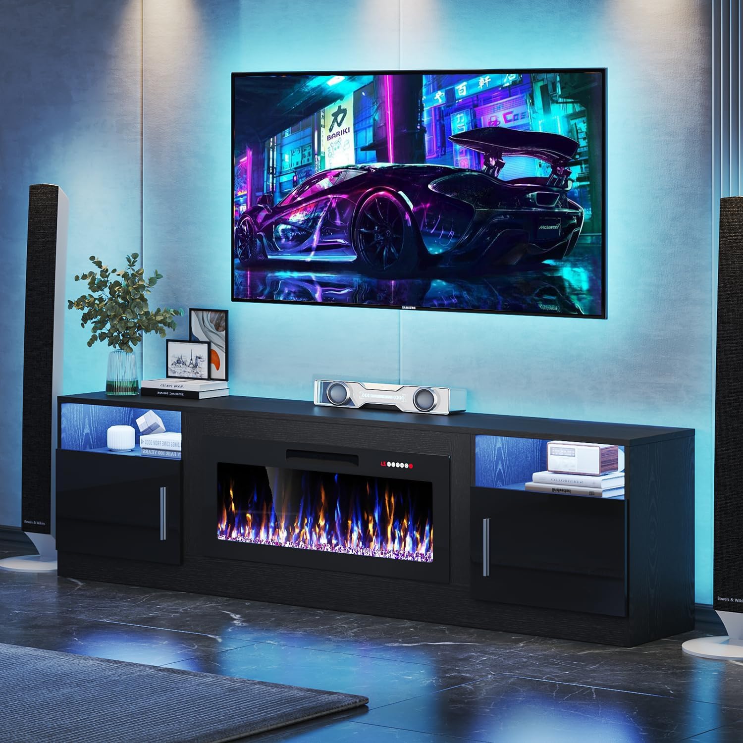 VITESSE TV Stand with 36' inch Electric Fireplace Up to 90' TVs, LED Light Entertainment Center, 80' Modern Wood High Gloss Fireplace with Highlight Storage Cabinet for Living Room (Black)