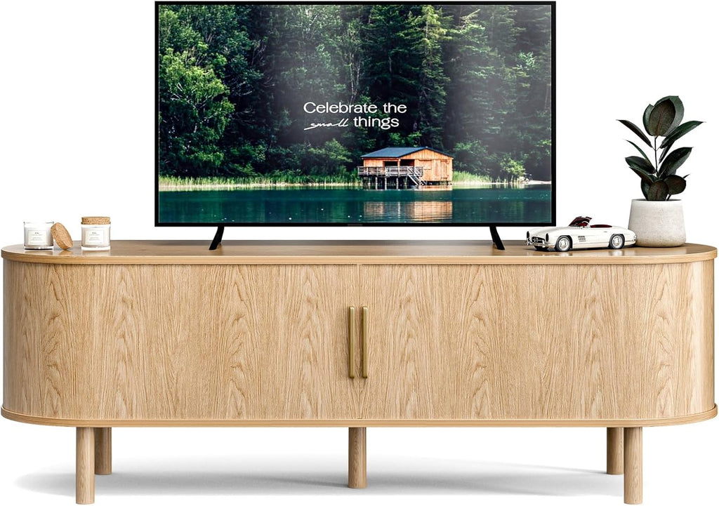 ZttRiee TV Stand for TVs up to 60 Inch, Entertainment Center with Sliding Doors and Adjustable Shelf, Modern TV Console with Storage for Living Room, Bedroom, Natural