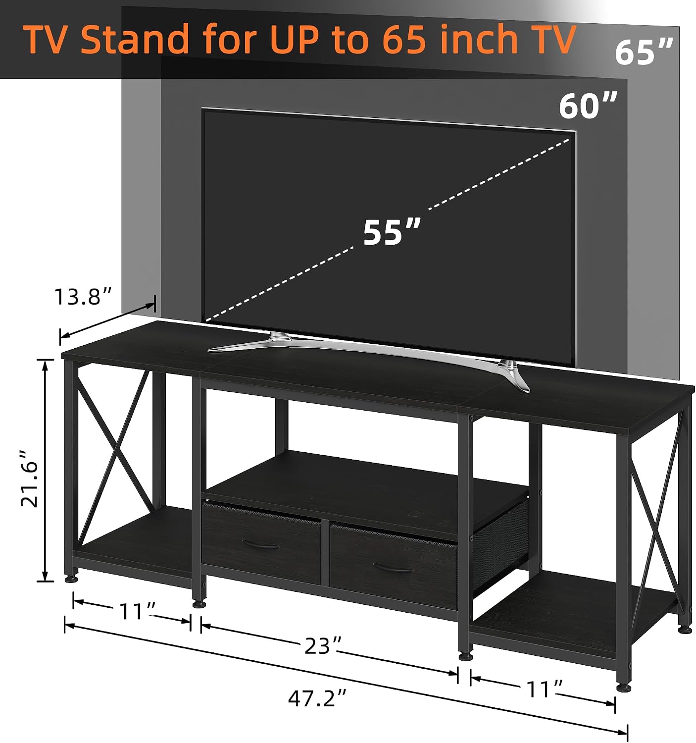 GYIIYUO TV Stand with Fabric Drawer for 50 55 Inches TV - Entertainment Center and Industrial TV Console Table with Open Storage Shelves for Living Room, Bedroom - 47' Black