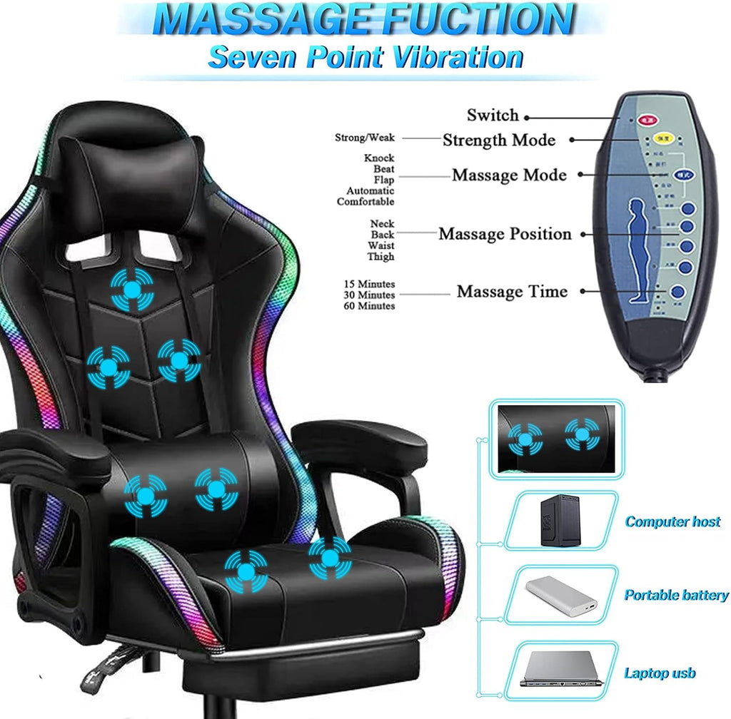 Full Massage Gaming Chair for Adults Video Game Chair with Speaker and RGB Light PU Leather Office Chair with Footrest Headrest Armrest Recliner Computer Chair Swivel E-Sports Chair,Black