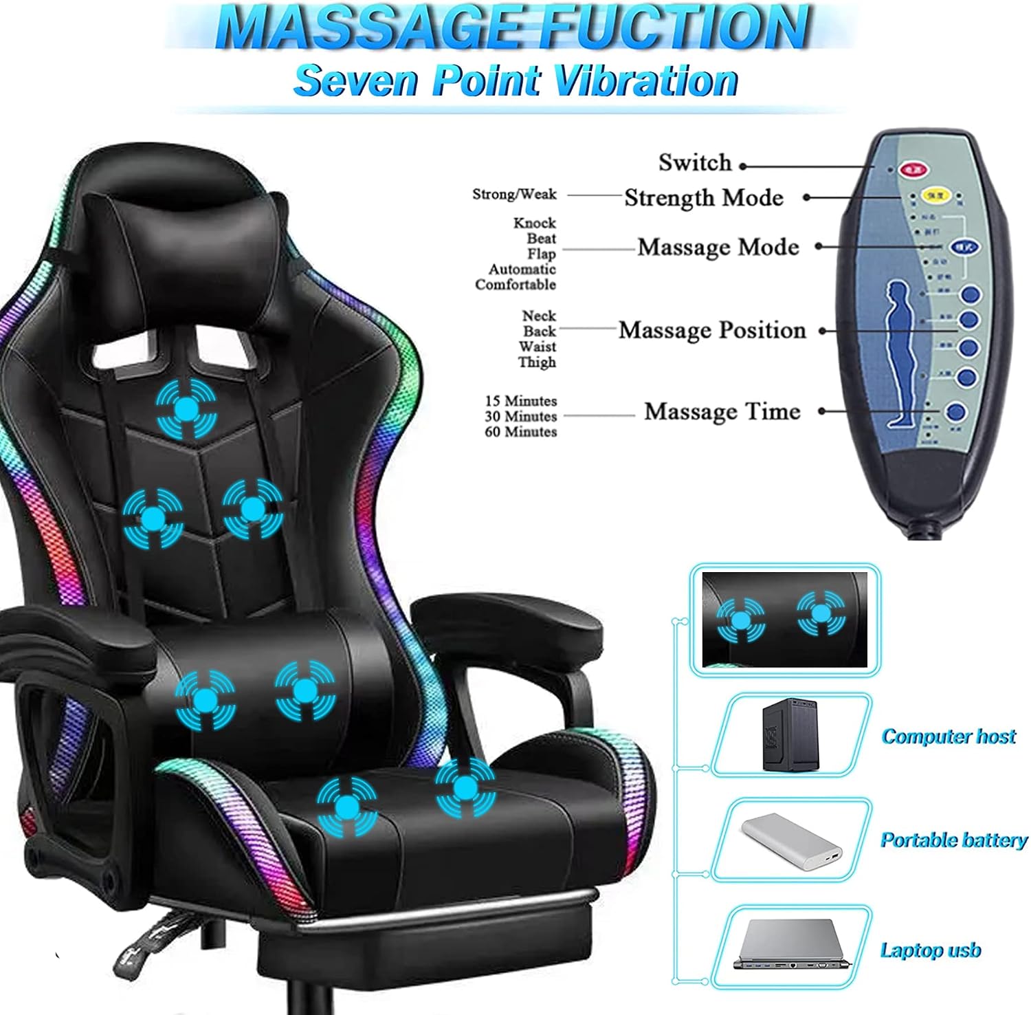 Full Massage Gaming Chair for Adults Video Game Chair with Speaker and RGB Light PU Leather Office Chair with Footrest Headrest Armrest Recliner Computer Chair Swivel E-Sports Chair,Black
