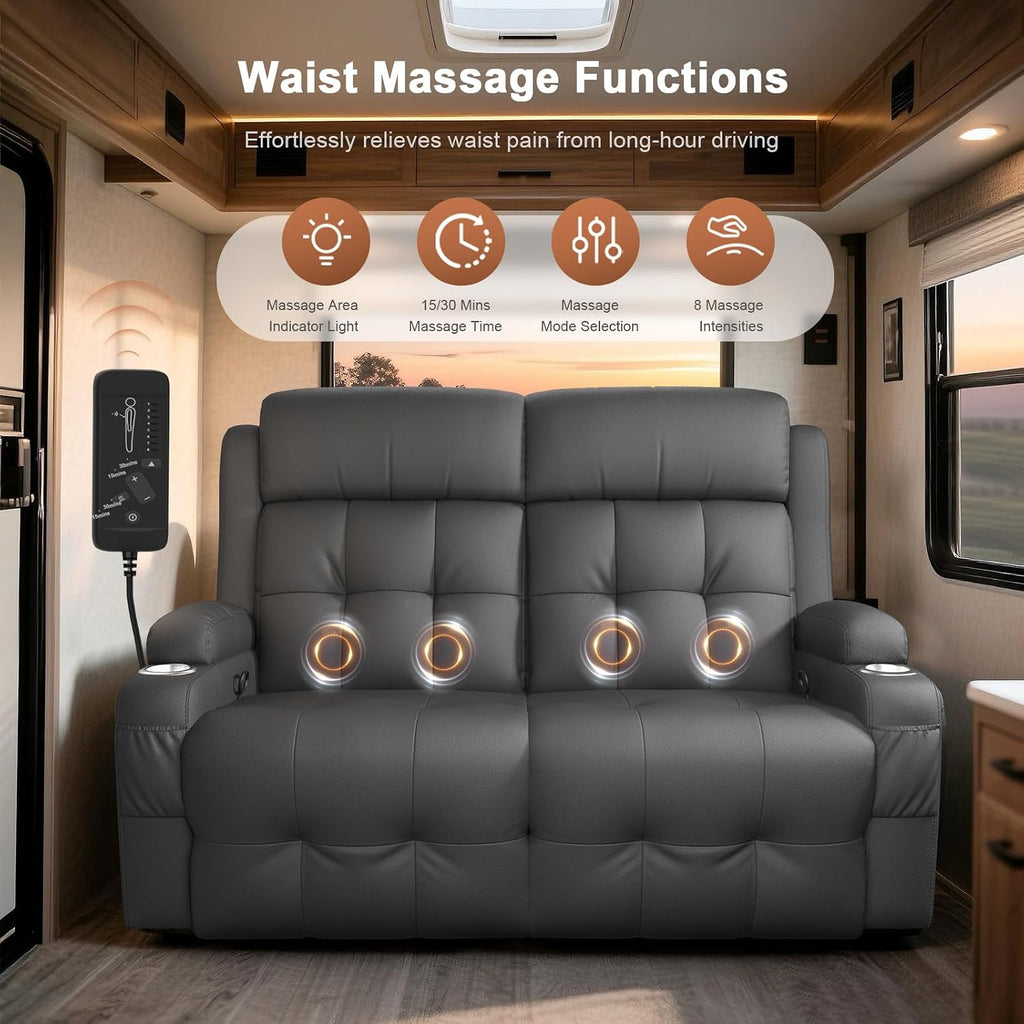 RV Loveseat Recliner Sofa, Massage Wall Hugger Recliners Couch with USB Port, Side Pockets, Cup Holders, 150° Reclining Sleeper, for RV Furniture & RV Camper & Home Theater Seating
