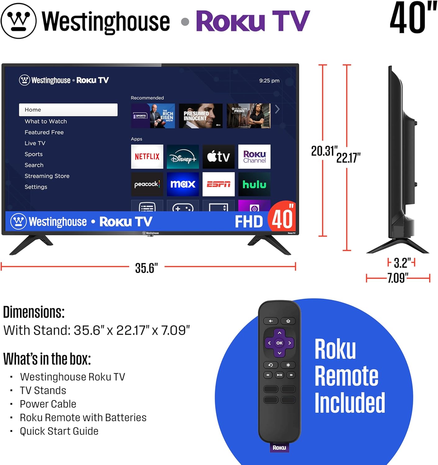 Westinghouse Roku TV - 40 Inch Smart TV, 1080P FHD Television with Wi-Fi Connectivity and Mobile App, Flat Screen, Bluetooth, Compatible with Apple AirPlay, Alexa and Google Assistant