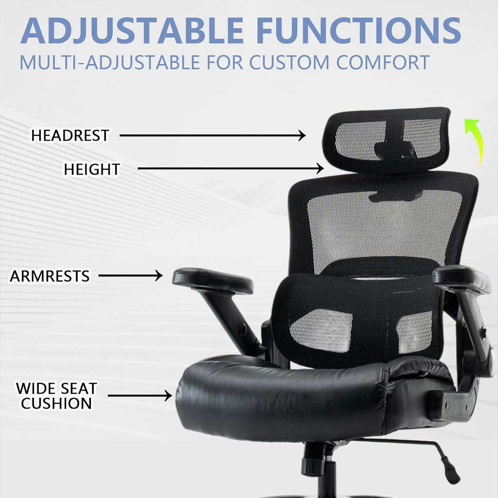 Vigosit Ergonomic Office Chair with Flip-Up Arms, Mesh Back, Adjustable Headrest, Padded Seat Cushion, Lumbar Support, High Back Desk Chair for Home Office – 330lbs Capacity