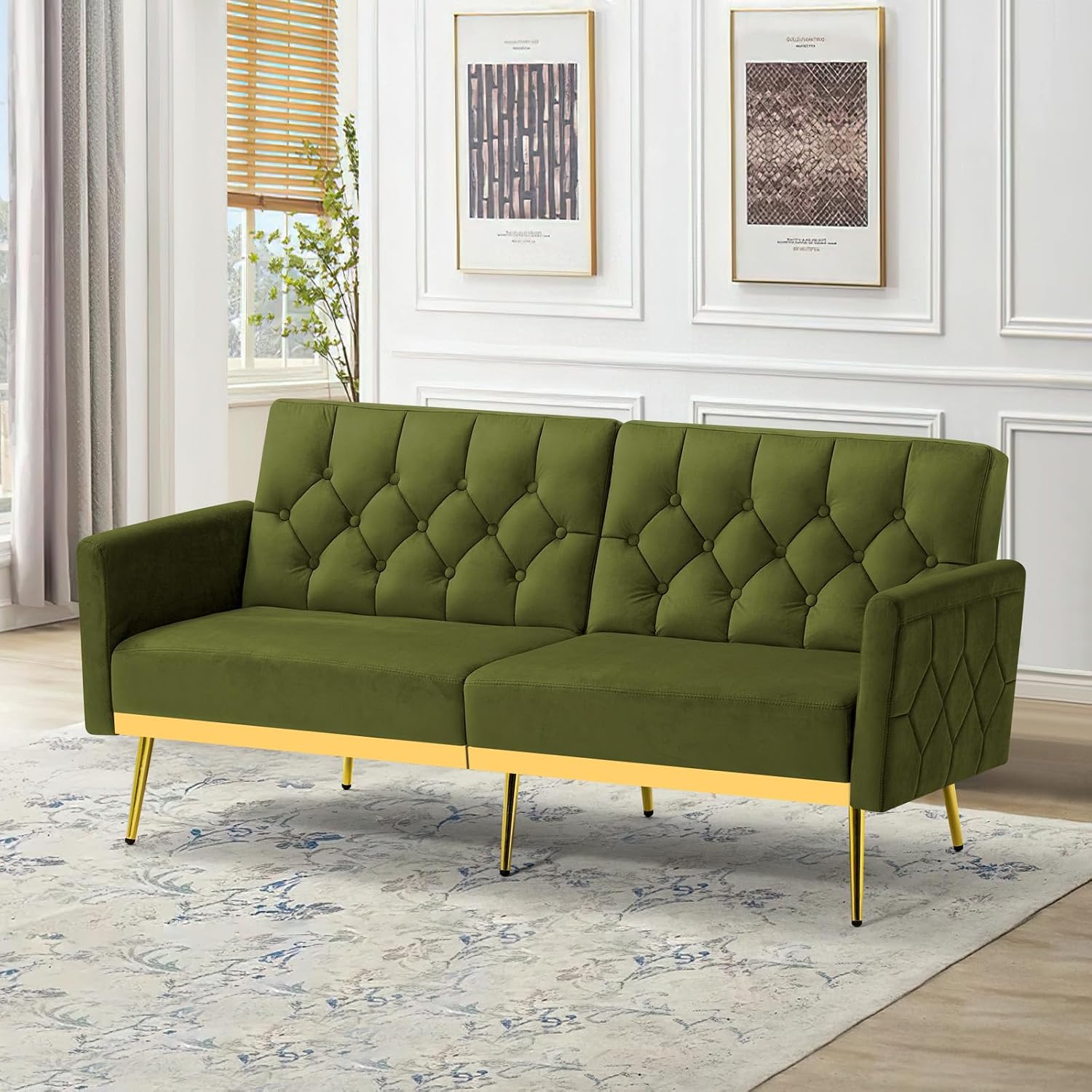 Velvet Sofa Bed w/Adjustable Armrests and Backrests, Modern Convertible Sleeper Sofa, Tufted Futon Sofa for Bedroom, Living Room, Apartment, Olive Green