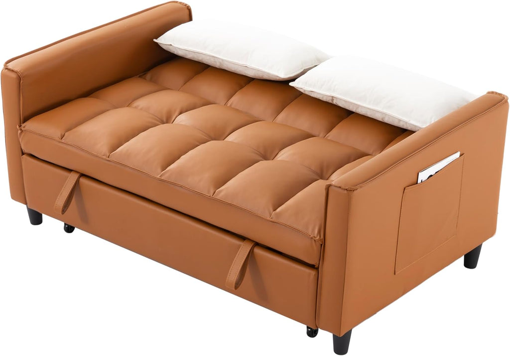 3 in 1 Convertible Sofa Bed, Loveseat Sleeper Sofa with Large Side Pockets, Pull Out Couch with Adjustable Backrest, Easy Assembly, PU Couch Bed for Small Spaces, Apartment, Brown