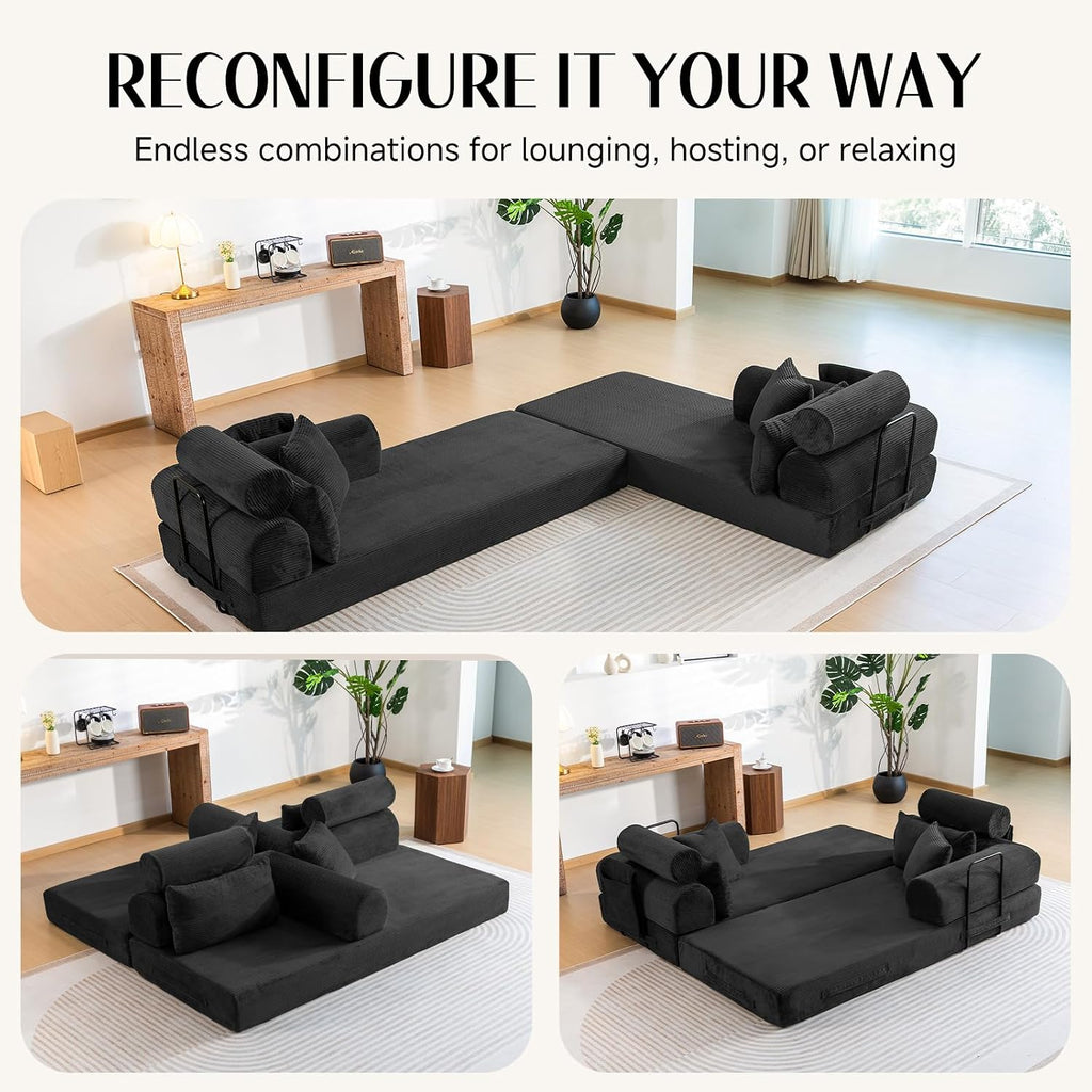 79' Corduroy Sofa Bed Sleeper Couch, 6-in-1 Convertible Boneless Floor Futon Loveseat, High-Density Foam Couch in a Box with 2 Headrest Pillows, No Assembly, Black