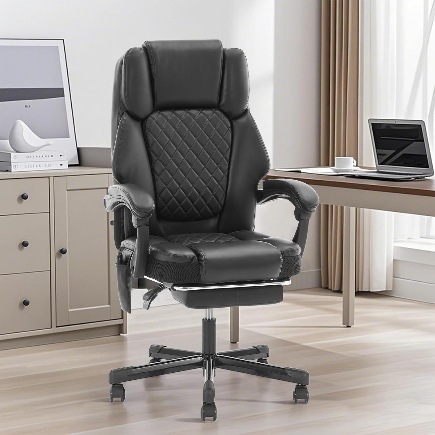 High-Performance Black Massage Office Chair Extendable Footrest + 6-Zone Vibration Heating 400lbs Heavy-Duty Recliner Ergonomic Executive Managerial Chair for Home Office Black