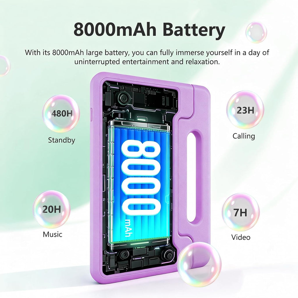 NRKDUBQ Kids Tablet 11 inch Android 15 20GB + 128GB Octa-Core 8000mAh Todder Tablet with Drop-Proof Case, Parental Control, WiFi 6 and Bluetooth, Purple