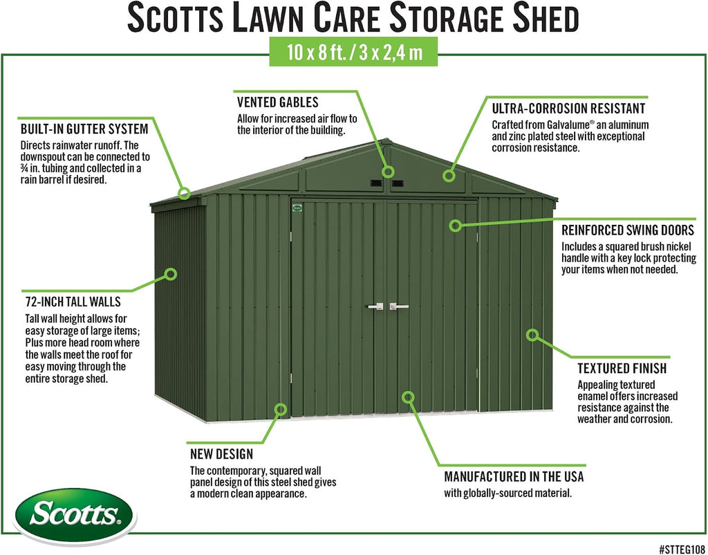 Scotts 10' x 8' Outdoor Lockable Water-Resistant Steel Storage Shed Building with Tool Hanger and Gable Roof, Green