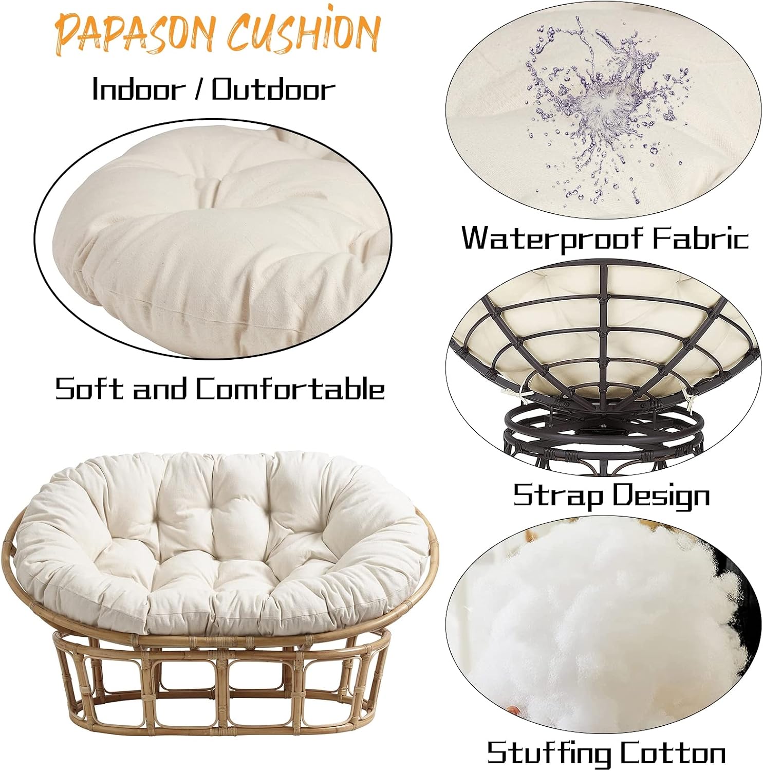 Large Double Papasan Chair Cushion, Outdoor Waterproof Hanging/Egg/Swing/Hammock Chair Cushions Thicken Comfortable Soft Garden Chair Pad Indoor Room Decoration,Waterproof Blue,67 * 47 in