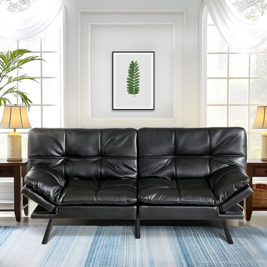 MUUEGM 71' Futon Sofa Bed, Convertible Couch Filled with Memory Foam, Modern Loveseat with Adjustable Backrest&Armrest, Sofas for Living Room,Game Room,Dormitory,Office.Black Leather