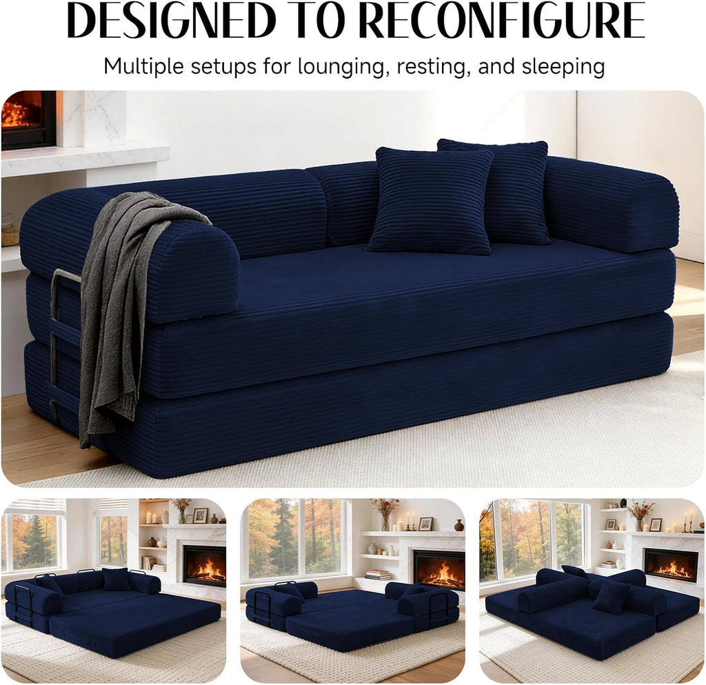 79' Corduroy Sofa Bed, Boneless Couch in a Box with 2 Pillows, High-Density Foam 4-in-1 Foldable Sleeper Futon Loveseat for Small Spaces, No Assembly, Side Pockets, Round Arm Blue