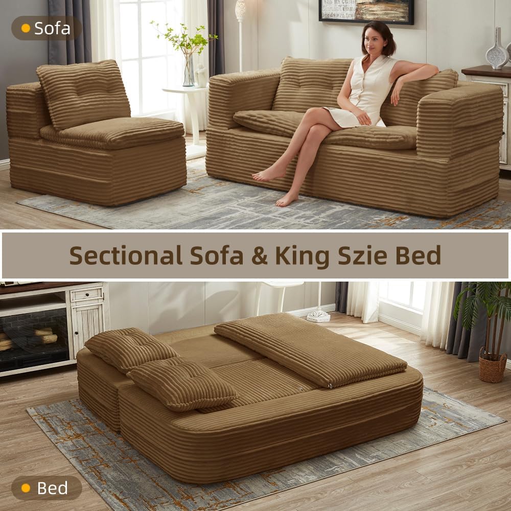 80'' Futon Sofa Bed, King Size Foldable Sleeper Sofa, Corduroy Boneless Loveseat Couch with Chaise Lounge, 3 Pillows, Blanket, Upholstered Sectional Couches for Living Room, Bedroom, Camel