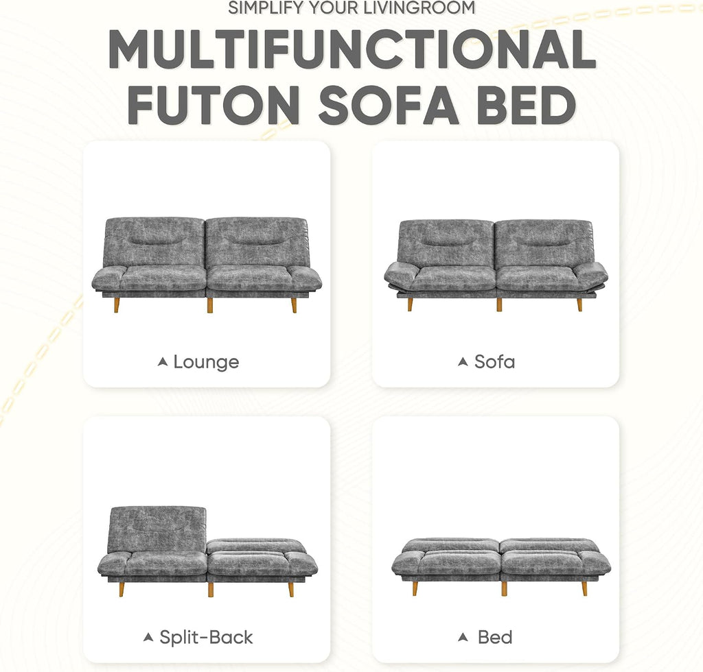 JUMMICO Convertible Futon Sofa Bed, Sleeper Futon Couch with Adjustable Backrest and Armrests, Modern Loveseat with Sturdy Wood Frame for Small Spaces, Apartments (Leathaire, Gray)
