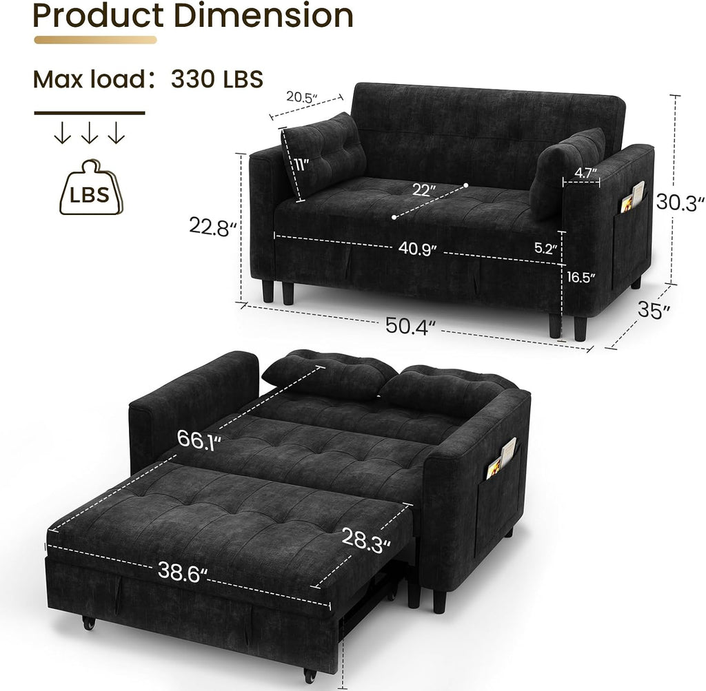 KKL 3 in 1 Convertible Sleeper Sofa Bed, Small Pull Out Couch Bed with Adjustable Backrest, Chenille Little Loveseat Couches with Side Pocket, Futon Sofa Beds Couch for Living Room, Bedroom (Black)