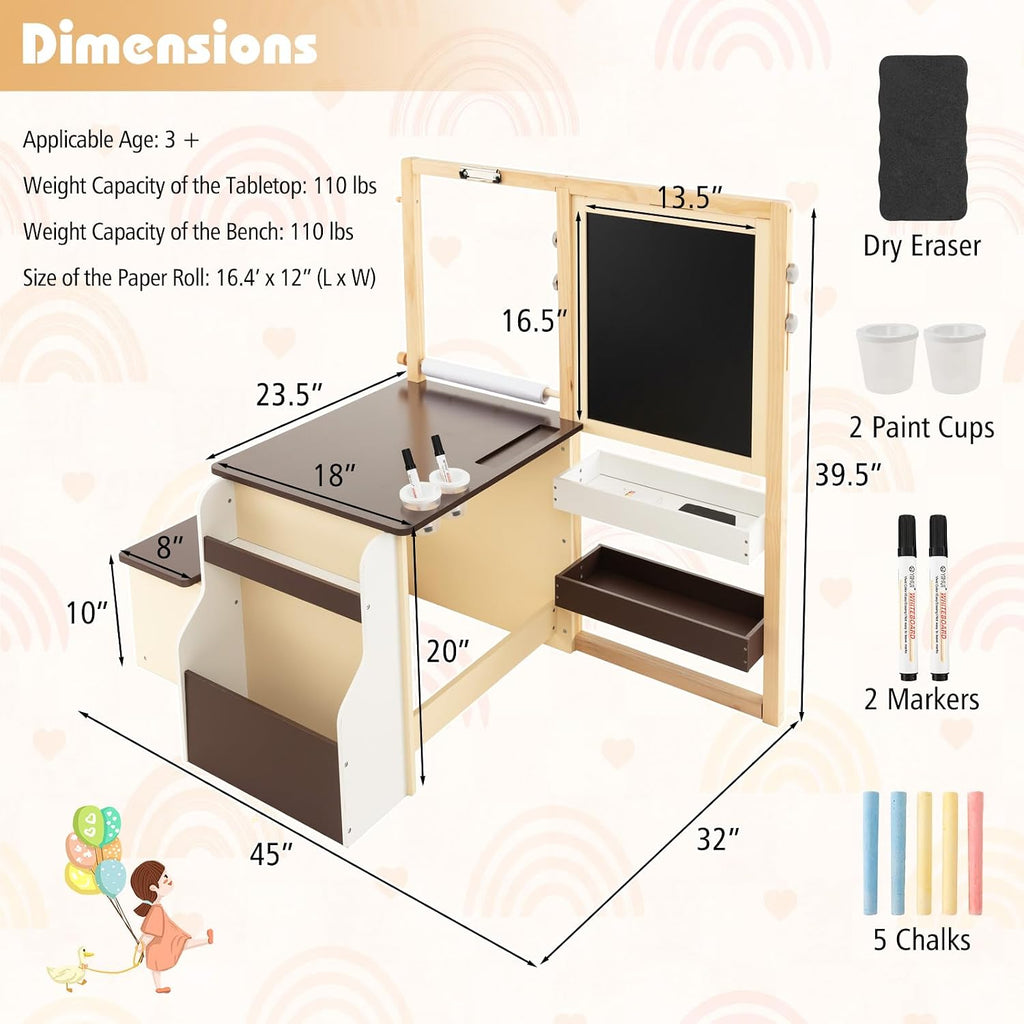 HONEY JOY Kids Art Easel, 6-in-1 Wooden Double-Sided Toddler Table & Chair Set w/Adjustable Magnetic White Board & Chalkboard, Paper Roll, Bookshelf, Storage, Kids Art Table and Chair (Coffee)