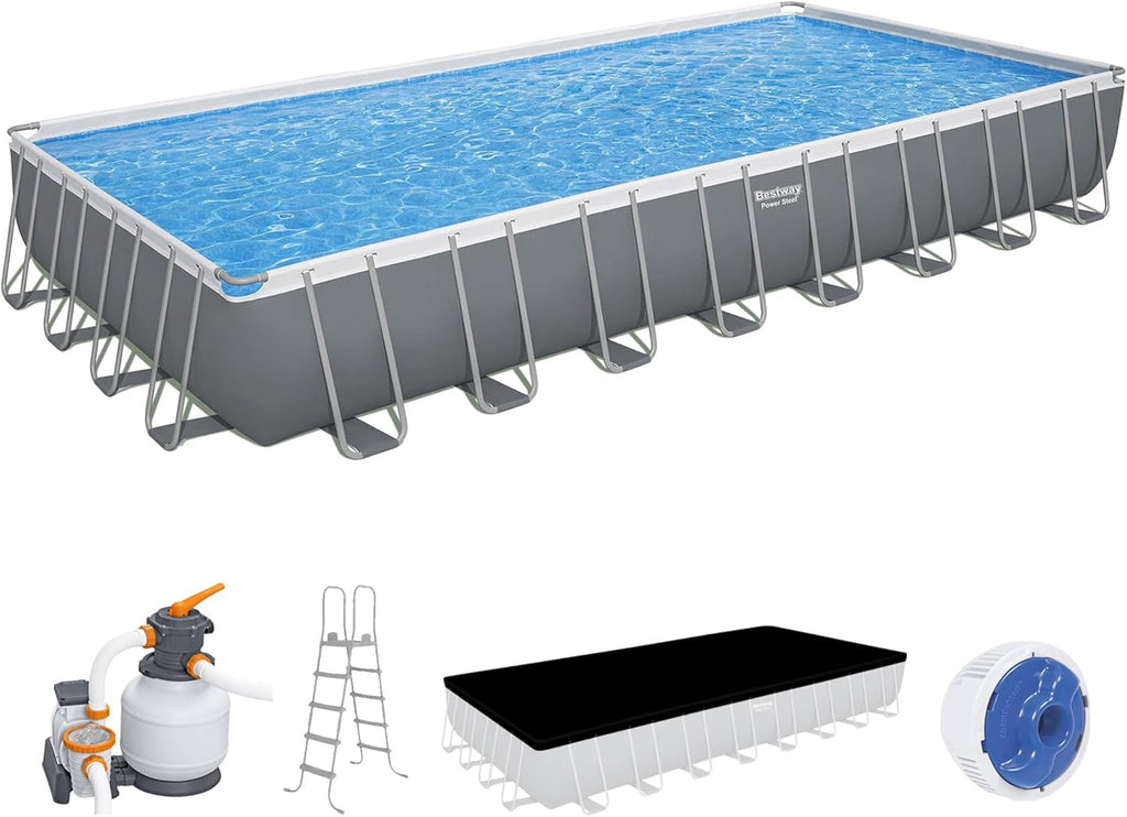 Bestway Power Steel 31'4' x 16' x 52' Above Ground Pool, Rectangular Metal Frame Outdoor Swimming Pool Set with Sand Filter Pump, Ladder, and Cover