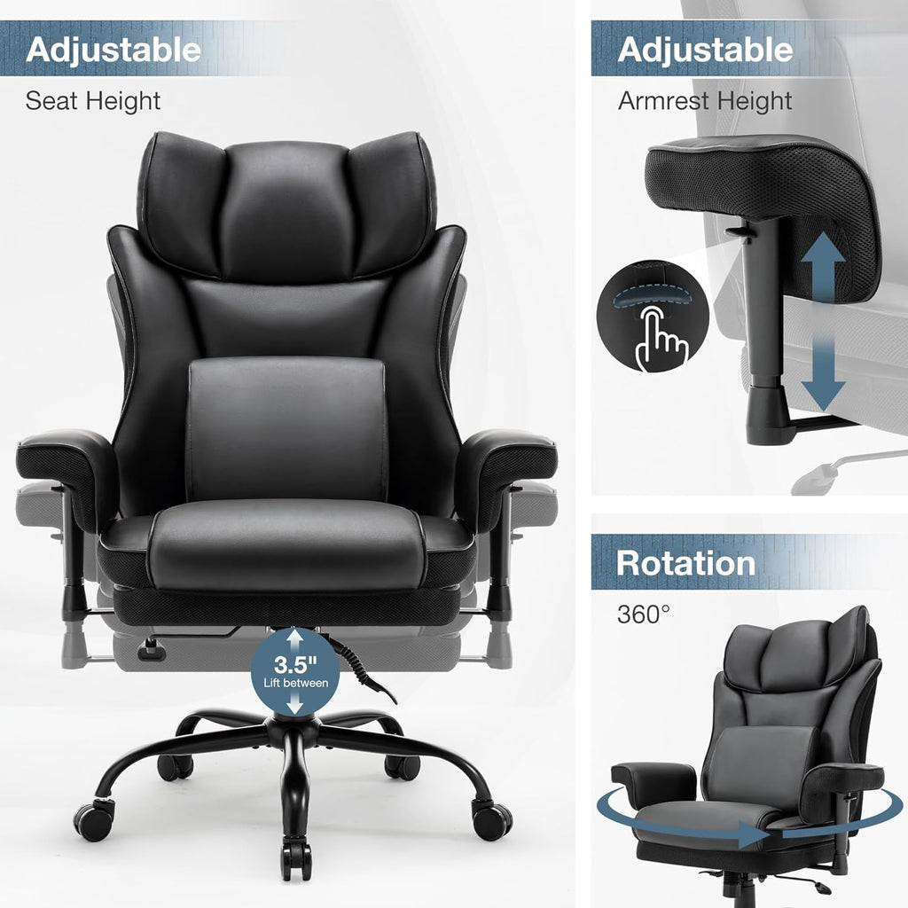 Ergonomic Office Chair with High Back Support, 400lbs Capacity Executive Desk Chair & Gaming Chair, Adjustable Height with Padded Armrests, Massage Lumbar Support for Home Office Comfort (Black)