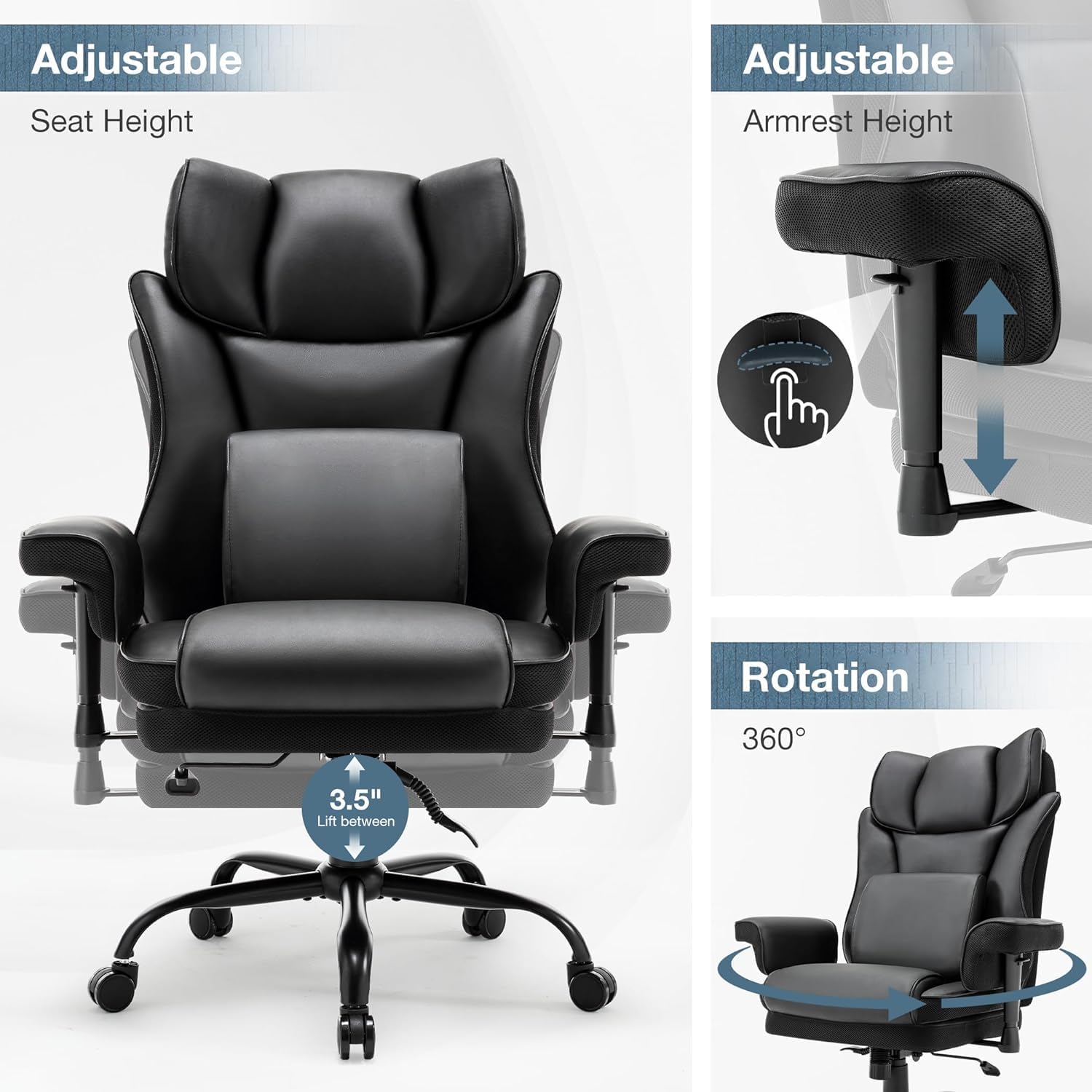 Ergonomic Office Chair with High Back Support, 400lbs Capacity Executive Desk Chair & Gaming Chair, Adjustable Height with Padded Armrests, Massage Lumbar Support for Home Office Comfort (Black)
