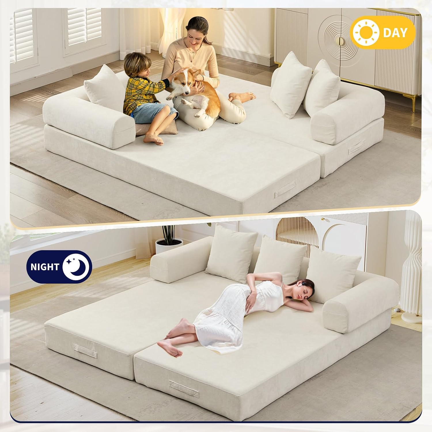 Deolme 3 in 1 Convertible Futon Sofa Bed, Modern King Size Chenille Loveseat Sleeper Sofa Folding, 3-Seater Foldable Lounger Couch Bed for Living Room, Bedroom Guest Room (Beige, 3 Throw Pillows)