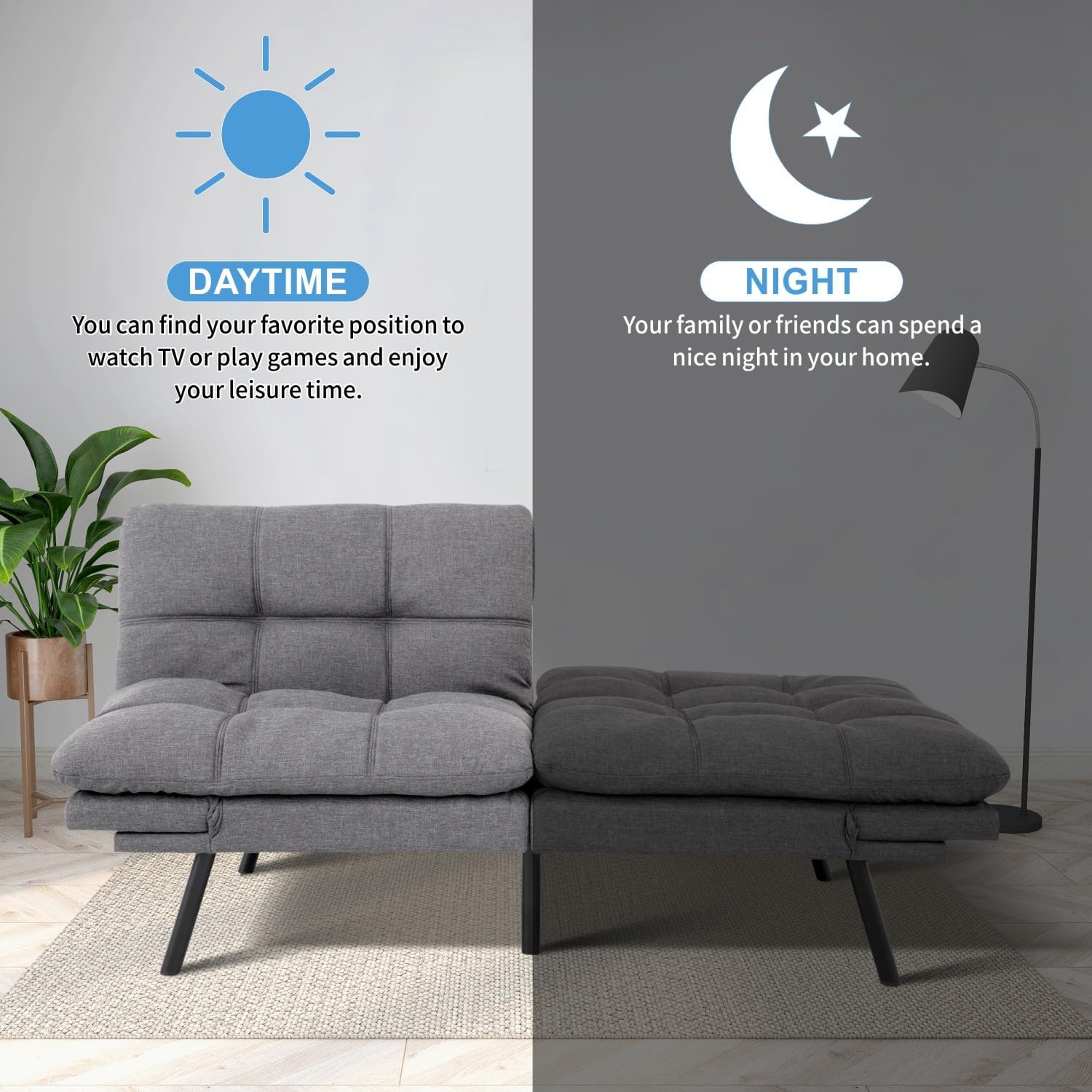 MUUEGM Futon Sofa Bed, 71' Convertible Linen Memory Foam Couch Bed, Modern Backrests Armrests Love Seat for Living Room,Apartment,Office,Light Grey Sleeper Couch