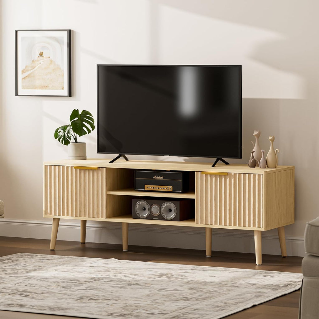LCRBOL TV Stand for Living Room, Boho Entertainment Center for 55/60 inch TVs, Media Console with Fluted Door Cabinets and Open Shelves, for Bedroom, Oak