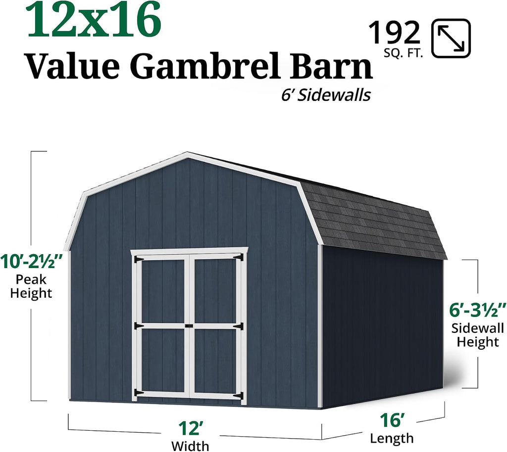 Little Cottage Co. 12x16 Value Gambrel Barn with 6 ft. Sidewalls with Floor, Outdoor Wood Storage Shed Do-It-Yourself Precut Kit