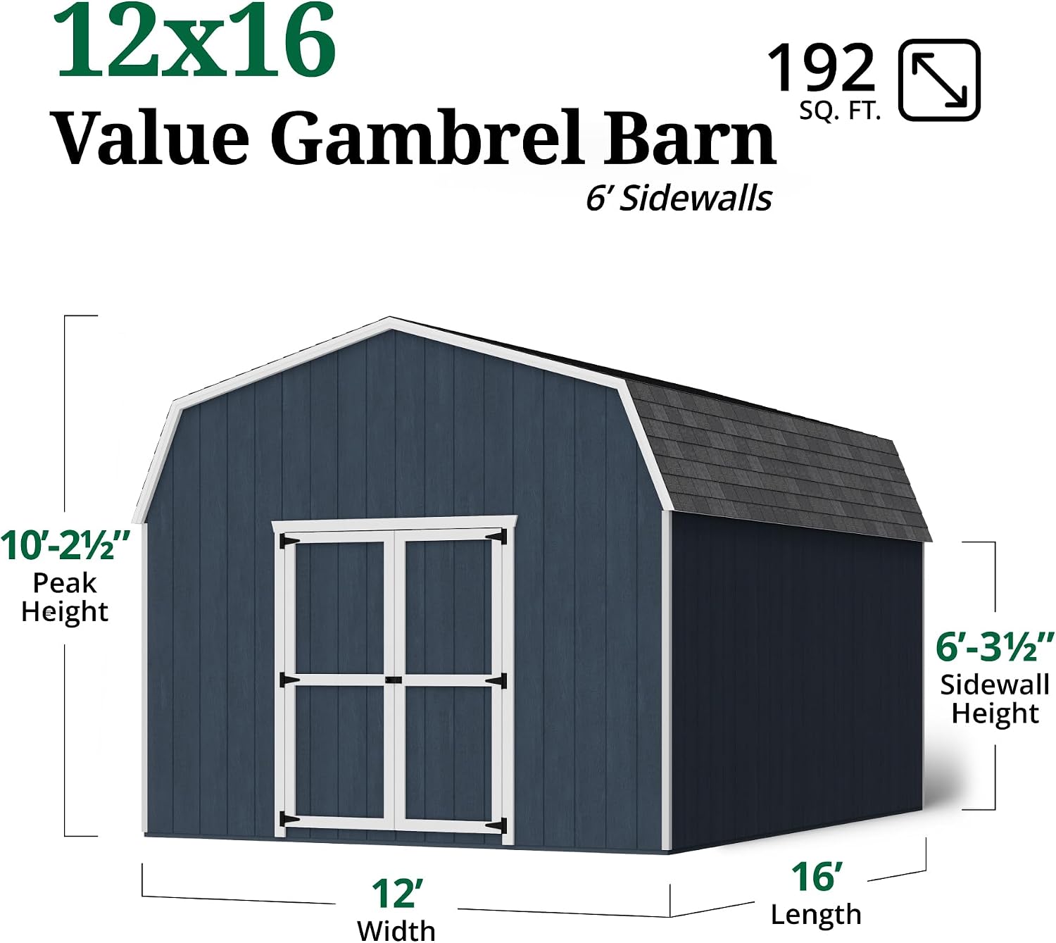 Little Cottage Co. 12x16 Value Gambrel Barn with 6 ft. Sidewalls with Floor, Outdoor Wood Storage Shed Do-It-Yourself Precut Kit