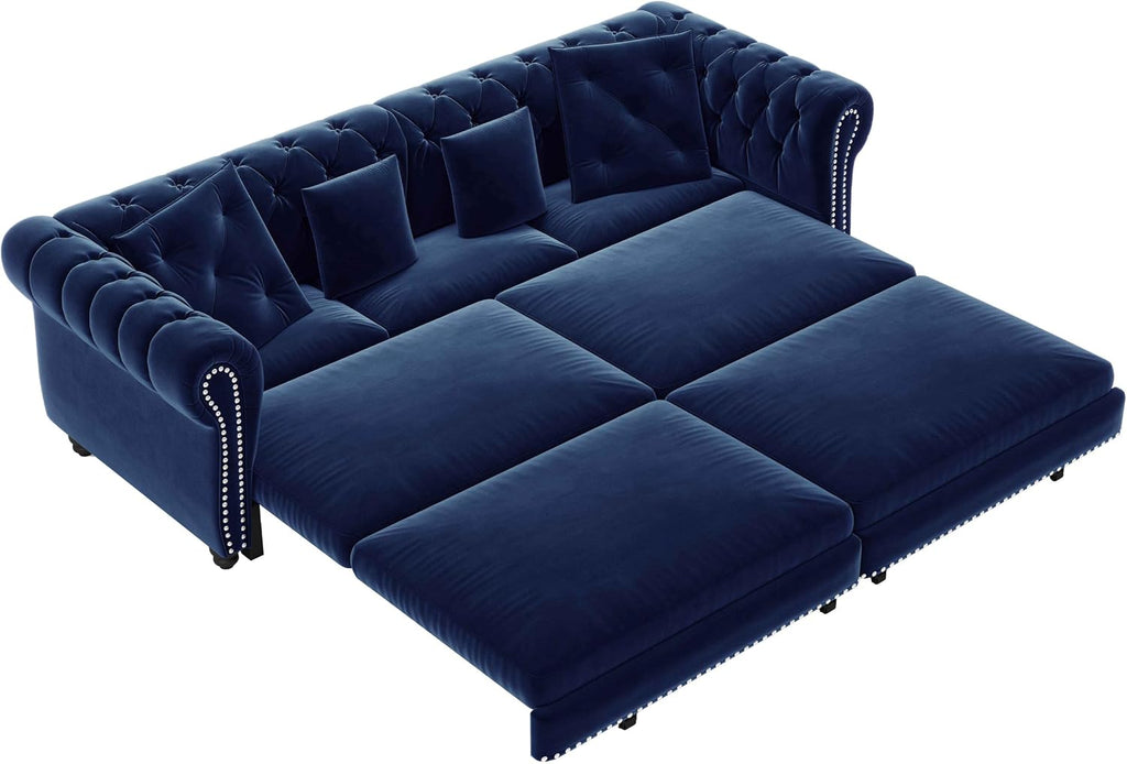 89' King Pull Out Sofa Bed, Velvet Chesterfield Sleeper Sofa Couch, 3 in 1 Convertible Tufted Futon Couches with Ottoman for Living Room, Small Space, Apartment, Office, Bedroom, Blue