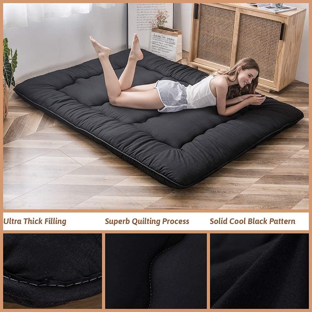 MAXYOYO Japanese Floor Mattress Futon Mattress, 4' Thicken Tatami Mat Sleeping Pad Foldable Roll Up Mat Boys Girls Dormitory Pad Kids Floor Lounger, Black, King