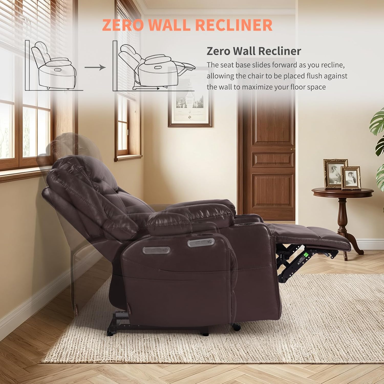 EONIX Wall Hugger Recliner for Small Space, Real Zero Clearance Power Recliner, Lazy Boy Recliner Chair with Cup Holders for RV, Living Room, Bedroom, SXXY011990, Chocolate Brown
