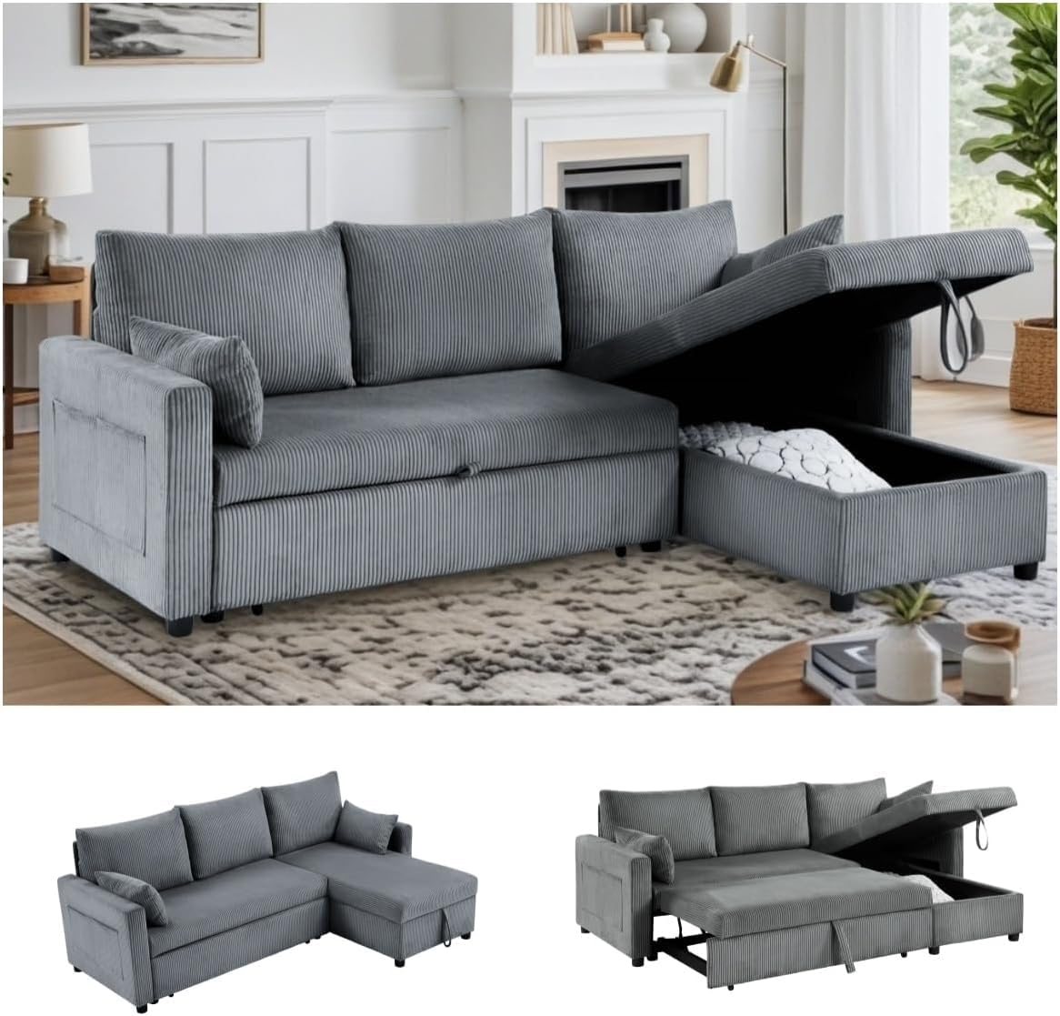 Queen Sleeper Sofa, Convertible Sofa Bed with Storage, 85 Inch Sectional Couch with Pull Out Bed, L Shaped 3 Seat Sectional Sleeper Sofa for Living Room, Apartment, Grey