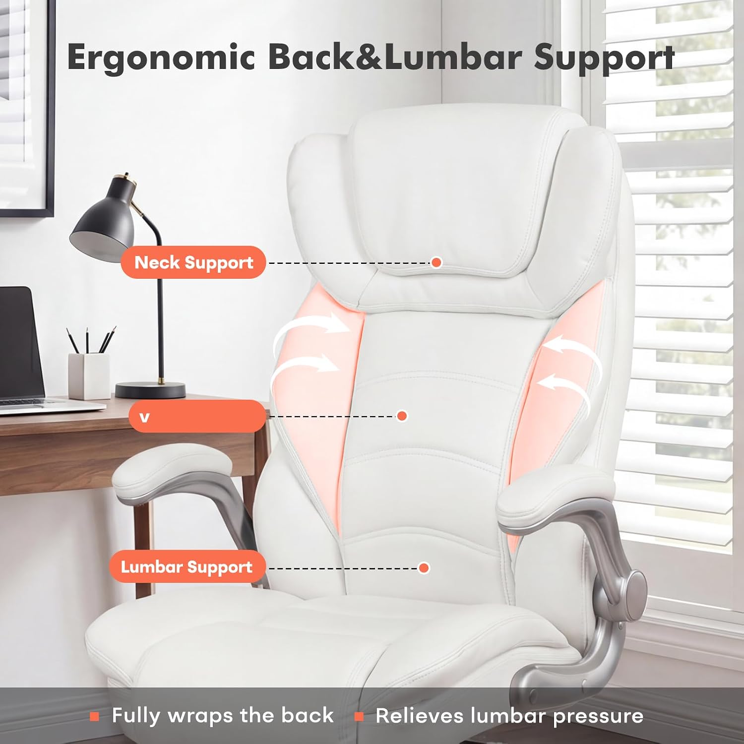 GYI Big and Tall Office Chair 400lb Wide Seat, Ergonomic High Back Leather Executive Desk Chair with Flip-up Arms, White