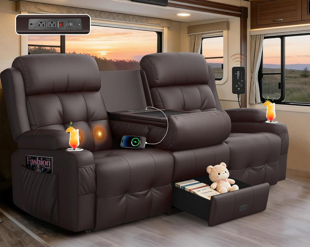RV Loveseat Recliner Sofa, Built-in Power Strip, Massage Wall Hugger 3-Seater Recliners Couch, Flip Middle Backrest, Drawer & Cup Holder, Reclining Sleeper Sofa, 150° Recline for RV & Living Room