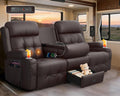 RV Loveseat Recliner Sofa, Built-in Power Strip, Massage Wall Hugger 3-Seater Recliners Couch, Flip Middle Backrest, Drawer & Cup Holder, Reclining Sleeper Sofa, 150° Recline for RV & Living Room