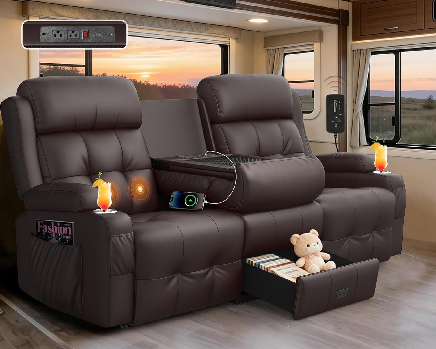RV Loveseat Recliner Sofa, Built-in Power Strip, Massage Wall Hugger 3-Seater Recliners Couch, Flip Middle Backrest, Drawer & Cup Holder, Reclining Sleeper Sofa, 150° Recline for RV & Living Room