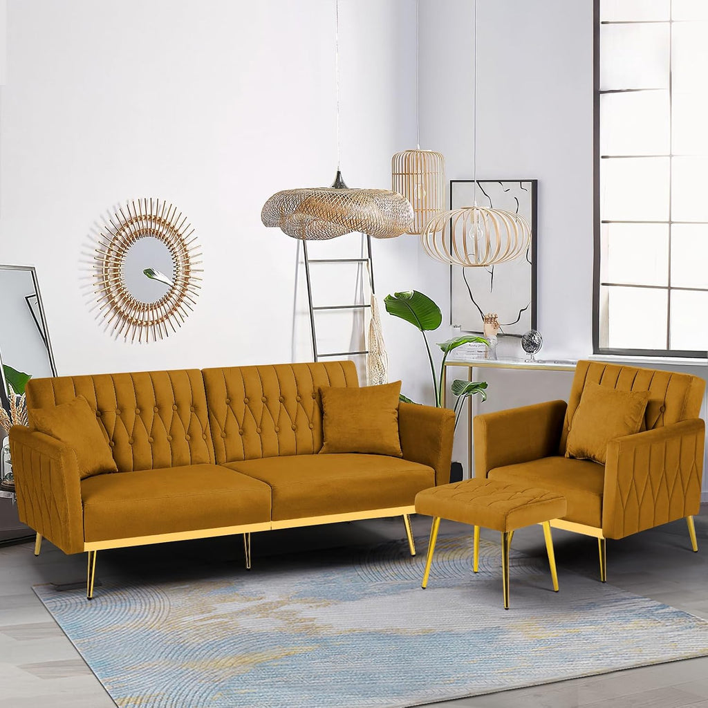 2 Pieces Velvet Sofa Set with Adjustable Armrest and Backrest, 70' Convertible Futon Sofa Bed & Mordern Accent Chair with Ottoman for Living Room, Bedroom, Ginger