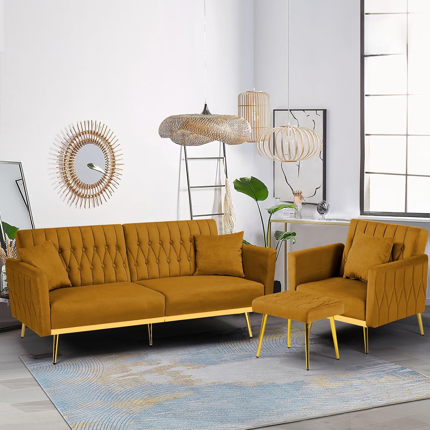 2 Pieces Velvet Sofa Set with Adjustable Armrest and Backrest, 70' Convertible Futon Sofa Bed & Mordern Accent Chair with Ottoman for Living Room, Bedroom, Ginger