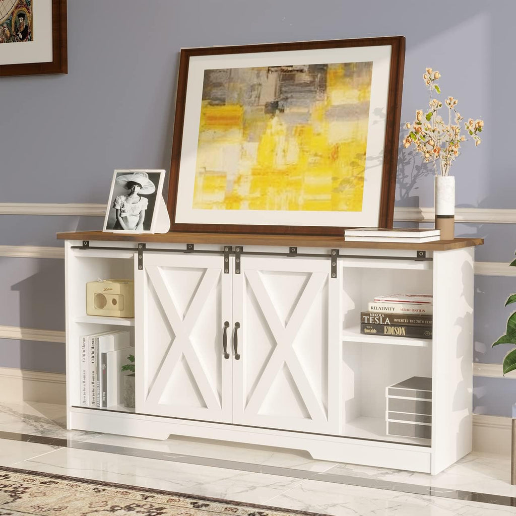 4 EVER WINNER TV Stand for 65 Inch TV for Living Room, Modern Farmhouse Barn Door TV Stand with Storage Cabinets and Adjustable Shelves for Bedroom, Media Entertainment Center TV Console Table, White