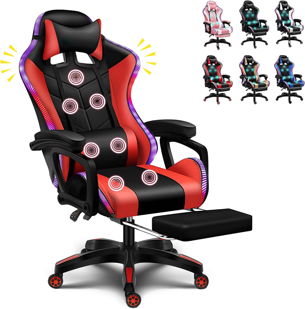 LED Gaming Chair Computer Gaming Chair with Bluetooth Speakers and RGB Lights Full Massager Gamer Chair Swivel Recliner Ergonomic Lumbar Support Video Game Chair for Adults Teens,Red