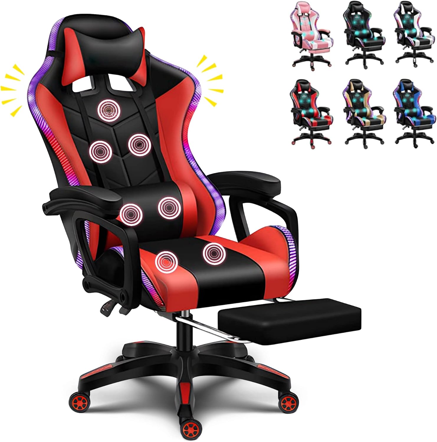 LED Gaming Chair Computer Gaming Chair with Bluetooth Speakers and RGB Lights Full Massager Gamer Chair Swivel Recliner Ergonomic Lumbar Support Video Game Chair for Adults Teens,Red