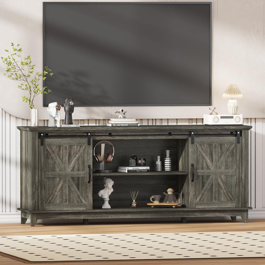 GarveeLife 66 in Farmhouse Sideboard Buffet Cabinet with Power Outlets, Entertainment Center with Sliding Barn Door & Large Storage Cabinets w/Adjustable Shelf, 28 in Tall TV Media Console, Dark Grey
