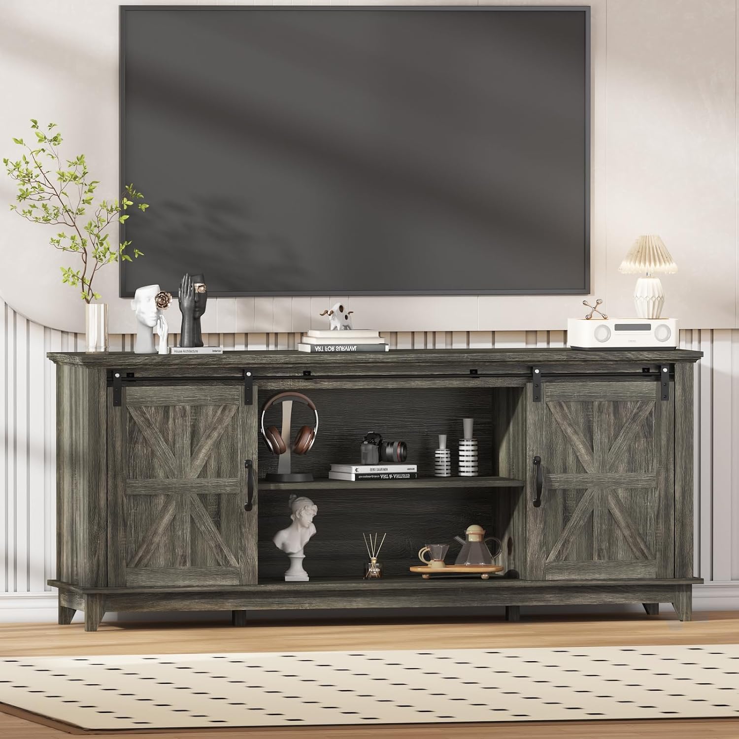 GarveeLife 66 in Farmhouse Sideboard Buffet Cabinet with Power Outlets, Entertainment Center with Sliding Barn Door & Large Storage Cabinets w/Adjustable Shelf, 28 in Tall TV Media Console, Dark Grey