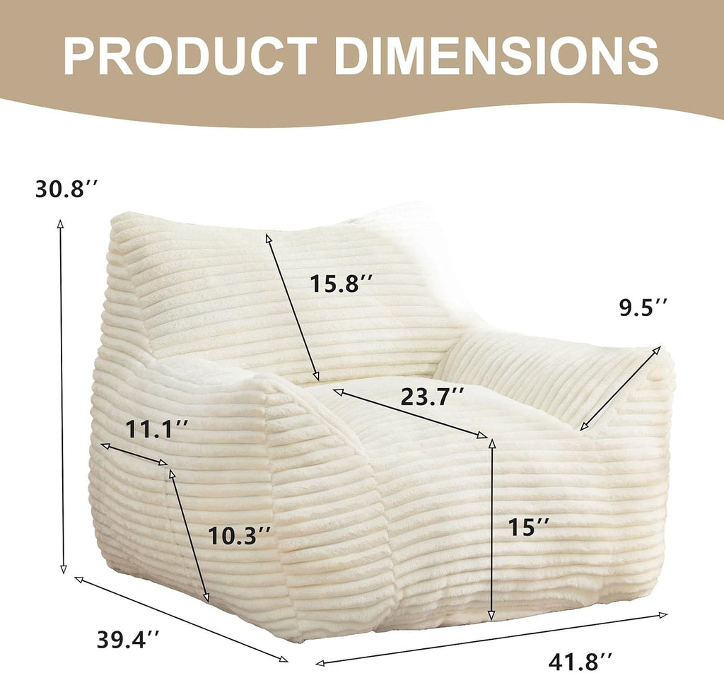Bean Bag Chair for Adults, Comfy Corduroy Beanbag with Armrests, Lazy Sofa Floor Chair for Living Room, Bedroom, Dorm & Lounge, Cozy Fluffy Single Mini Couch (White)