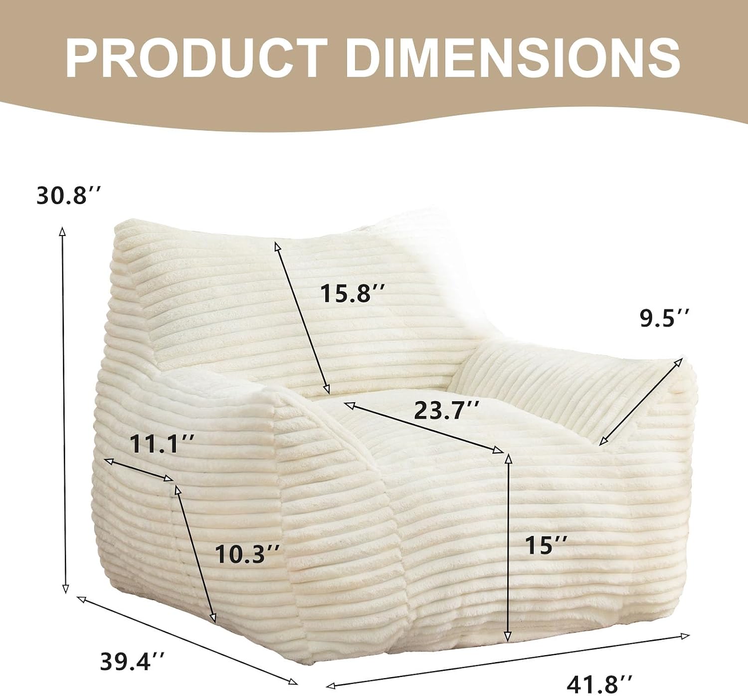 Bean Bag Chair for Adults, Comfy Corduroy Beanbag with Armrests, Lazy Sofa Floor Chair for Living Room, Bedroom, Dorm & Lounge, Cozy Fluffy Single Mini Couch (White)