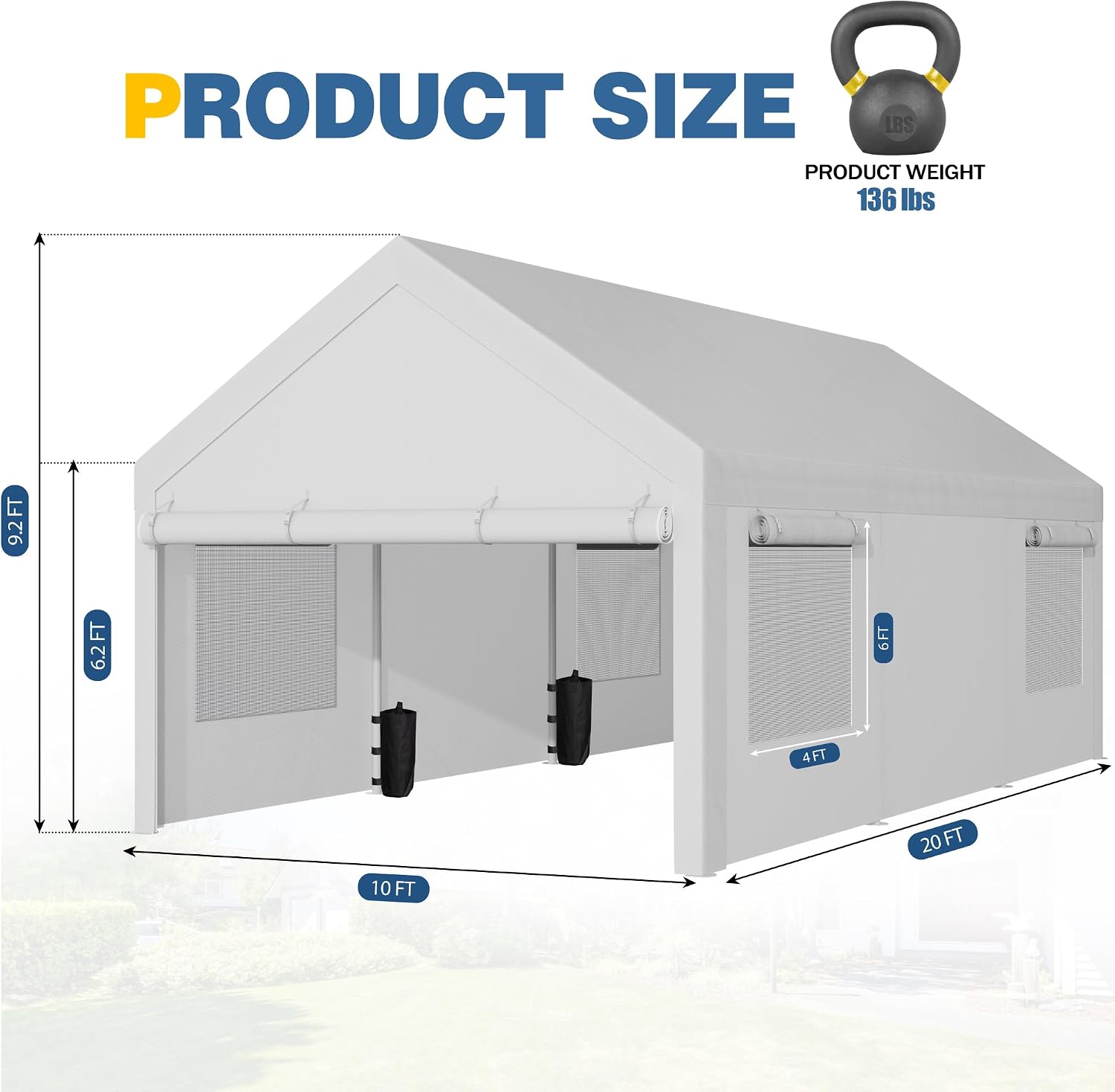 JAMFLY 10x20 ft Carport, Heavy Duty Carport with Roll-up Windows, Portable Garage with Removable Sidewalls & Doors, Car Canopy with Sandbags and All-Season Tarp for Car, Truck, Boat, Motorcycle, White